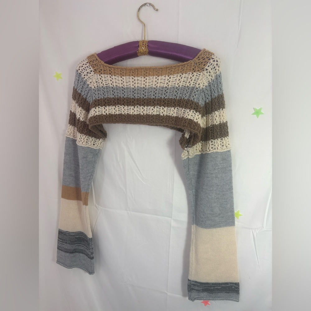 Y2K Style Tan+Gray Knit Micro Exaggerated Long Sleeves Cyber Grunge Sweater‎ L